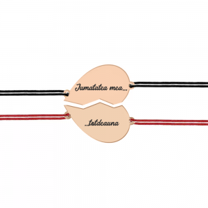 Set bratari argint cuplu inimioare 16 mm si snur negru (M) si rosu (F) (2 bucati incluse) - personalizate cu text - placate cu aur roz